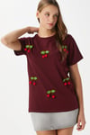 Kadın Chery Bordo Kiraz Dikişli T-Shirt