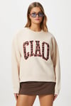 Kadın Ciao Nakışlı İçi Polarlı Leopar Bej Oversize Sweatshirt