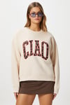 Kadın Ciao Nakışlı İçi Polarlı Leopar Bej Oversize Sweatshirt