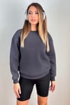 Kadın Cozy İçi Polarlı Füme Basic Bisiklet Yaka Pamuklu Kalın Örme Sweatshirt