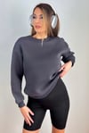 Kadın Cozy İçi Polarlı Füme Basic Bisiklet Yaka Pamuklu Kalın Örme Sweatshirt