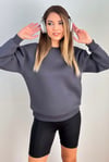 Kadın Cozy İçi Polarlı Füme Basic Bisiklet Yaka Pamuklu Kalın Örme Sweatshirt