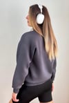 Kadın Cozy İçi Polarlı Füme Basic Bisiklet Yaka Pamuklu Kalın Örme Sweatshirt