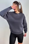 Kadın Cozy İçi Polarlı Füme Basic Bisiklet Yaka Pamuklu Kalın Örme Sweatshirt
