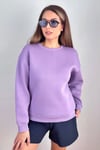 Kadın Cozy İçi Polarlı Mor Basic Bisiklet Yaka Pamuklu Kalın Örme Sweatshirt
