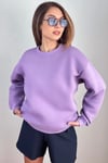 Kadın Cozy İçi Polarlı Mor Basic Bisiklet Yaka Pamuklu Kalın Örme Sweatshirt