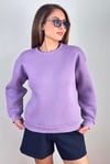 Kadın Cozy İçi Polarlı Mor Basic Bisiklet Yaka Pamuklu Kalın Örme Sweatshirt