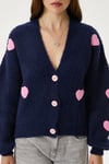 Kadın Cozy Lacivert Pembe Kalp Nakışlı Triko Hırka