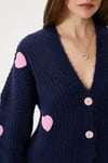 Kadın Cozy Lacivert Pembe Kalp Nakışlı Triko Hırka