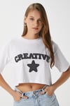 Kadın Creative Antrasit Nakışlı Crop T-Shirt