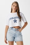 Kadın Creative Mavi Beyaz Nakışlı Crop T-shirt