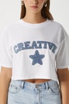 Kadın Creative Mavi Beyaz Nakışlı Crop T-shirt