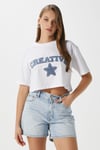 Kadın Creative Mavi Beyaz Nakışlı Crop T-shirt