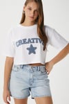 Kadın Creative Mavi Beyaz Nakışlı Crop T-shirt
