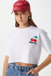 Kadın Cute Kiraz Baskılı Beyaz Crop T-Shirt