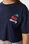 Kadın Cute Kiraz Baskılı Lacivert Crop T-Shirt