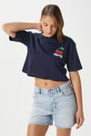 Kadın Cute Kiraz Baskılı Lacivert Crop T-Shirt