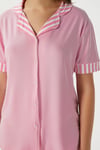 Kadın Elena Yumuşak Doku Pembe Çizgili Ön Düğme Kısa Kollu Pijama Takımı