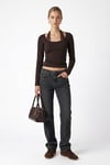 Kadın Emma Dantel Detaylı Uzun Kollu Kahverengi Basic Top / Bluz