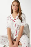 Kadın Fırfırlı Kiraz Ön Düğmeli Kısa Kol Alt Üst Pijama Takımı