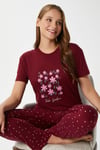 Kadın Garden Yumuşak Doku Bordo Çiçek Desen Bisiklet Yaka Kısa Kollu Alt Üst Pijama Takımı