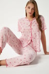 Kadın Juliet Kurdeleli Yumuşak Doku Pembe Çiçekli  Pijama Takımı
