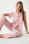 Kadın Juliet Kurdeleli Yumuşak Doku Pembe Çiçekli  Pijama Takımı