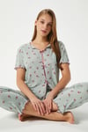 Kadın Juliet Kurdeleli Yumuşak Doku Yeşil Çiçekli  Pijama Takımı