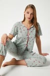 Kadın Juliet Kurdeleli Yumuşak Doku Yeşil Çiçekli  Pijama Takımı