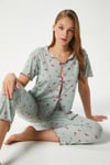 Kadın Juliet Kurdeleli Yumuşak Doku Yeşil Çiçekli  Pijama Takımı