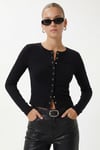 Kadın Karmen Düğme Detaylı Uzun Kollu Siyah Basic Top / Bluz
