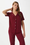Kadın Lenora Yumuşak Doku Bordo Puantiyeli Ön Düğme Kısa Kollu Pijama Takımı