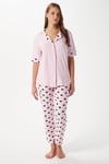 Kadın Lily Yumuşak Doku Pembe Kalpli Ön Düğmeli Kısa Kollu Pijama Takımı