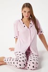 Kadın Lily Yumuşak Doku Pembe Kalpli Ön Düğmeli Kısa Kollu Pijama Takımı