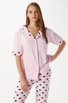 Kadın Lily Yumuşak Doku Pembe Kalpli Ön Düğmeli Kısa Kollu Pijama Takımı