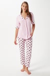 Kadın Lily Yumuşak Doku Pembe Kalpli Ön Düğmeli Kısa Kollu Pijama Takımı