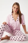 Kadın Lily Yumuşak Doku Pembe Kalpli Ön Düğmeli Kısa Kollu Pijama Takımı