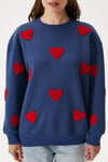 Kadın Love Kalp Nakışlı Lacivert Kırmızı Sweatshirt
