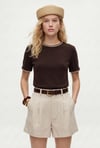 Kadın Marin Yaka İşlemeli %100 Pamuk Kısa Kol Kahverengi Örme T-shirt
