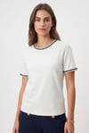 Kadın Marin Yaka İşlemeli %100 Pamuk Kısa Kol Beyaz Örme T-shirt
