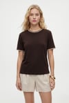 Kadın Marin Yaka İşlemeli %100 Pamuk Kısa Kol Kahverengi Örme T-shirt