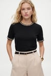 Kadın Marin Yaka İşlemeli %100 Pamuk Kısa Kol Siyah Örme T-shirt