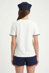 Kadın Marin Yaka İşlemeli %100 Pamuk Kısa Kol Beyaz Örme T-shirt
