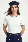Kadın Marin Yaka İşlemeli %100 Pamuk Kısa Kol Beyaz Örme T-shirt
