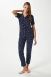 Kadın Mia Yumuşak Doku Lacivert Kalp Desen Ön Düğmeli Kısa Kollu Pijama Takımı