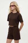 Kadın Molly %100 Pamuk Bel Lastikli Şort Crop T-shirt Örme Kahverengi Alt Üst Takım