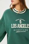 Kadın Nakışlı Los Angeles İçi Polarlı Yeşil Oversize Sweatshirt