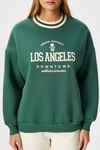 Kadın Nakışlı Los Angeles İçi Polarlı Yeşil Oversize Sweatshirt