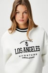 Kadın Nakışlı Los Angeles İçi Polarlı Ekru Oversize Sweatshirt