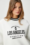 Kadın Nakışlı Los Angeles İçi Polarlı Ekru Oversize Sweatshirt